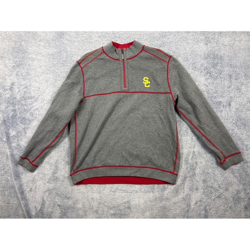 Tommy Bahama Mens L Grey Red USC Trojans Reversible Quarter Zip Pullover Sweater